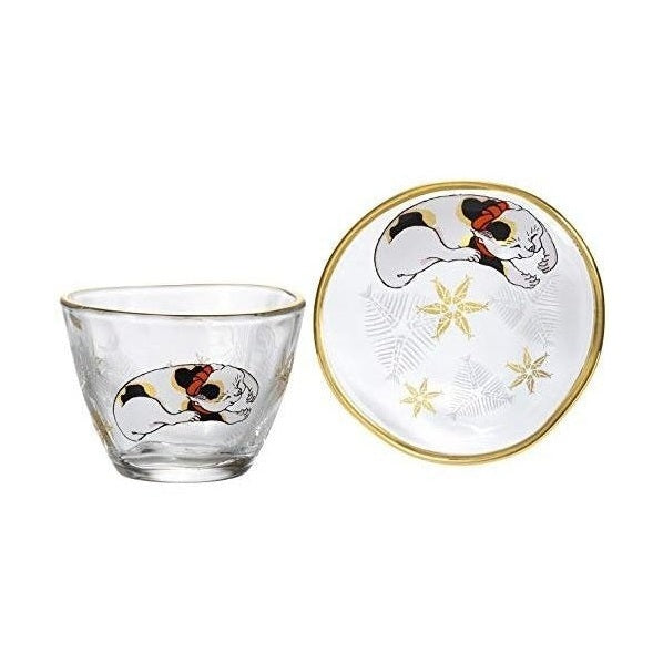 Aderia Edo Neko clear glass sake cup and small plate on white