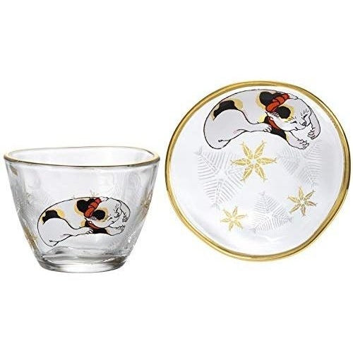 Aderia Edo Neko Series Sake Cup and Small Plate Set - Calico Cat