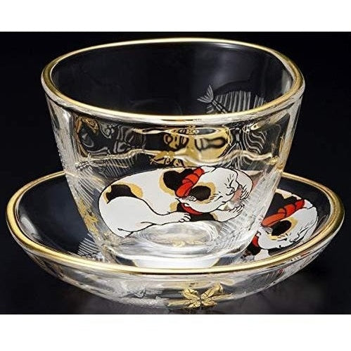 Aderia Edo Neko Calico Cat sake cup and plate set with gold rim