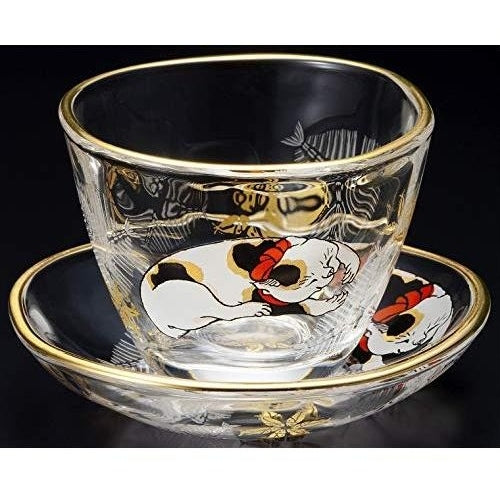 Aderia Edo Neko Series Sake Cup and Small Plate Set - Calico Cat
