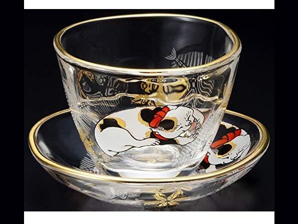 Aderia Edo Neko Series Sake Cup and Small Plate Set - Calico Cat
