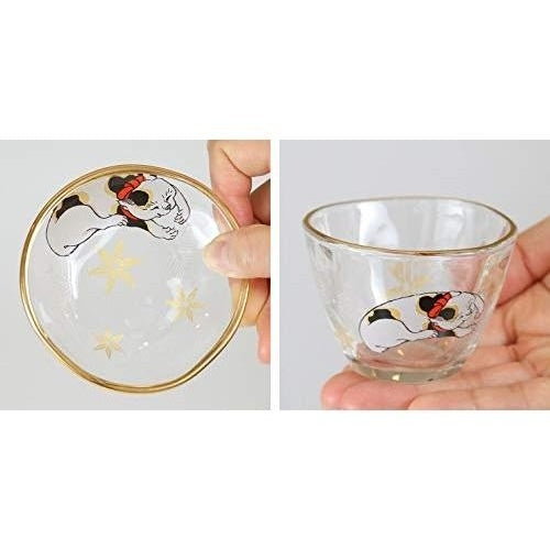 Aderia Edo Neko Series Sake Cup and Small Plate Set - Calico Cat