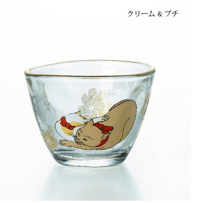 Aderia Edo Neko Series Sake Cup and Small Plate Set - Cream & Spotted Cat