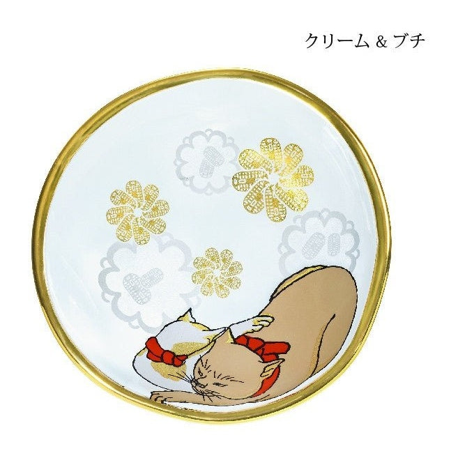 Aderia Edo Neko Series Sake Cup and Small Plate Set - Cream & Spotted Cat