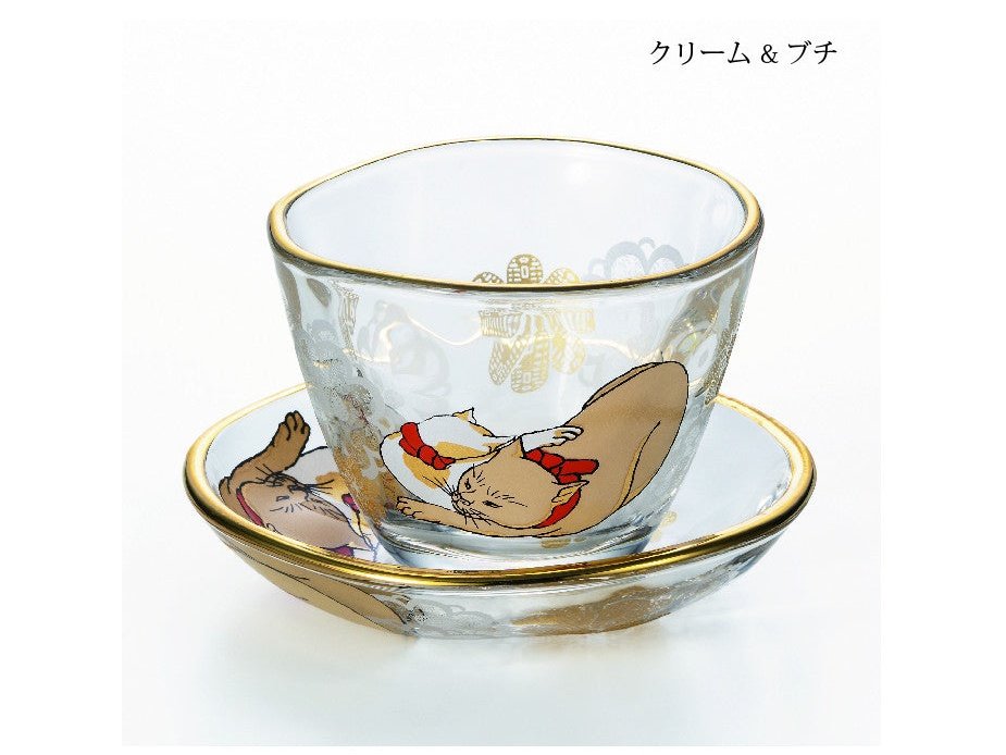 Aderia Edo Neko Series Sake Cup and Small Plate Set - Cream &amp; Spotted Cat