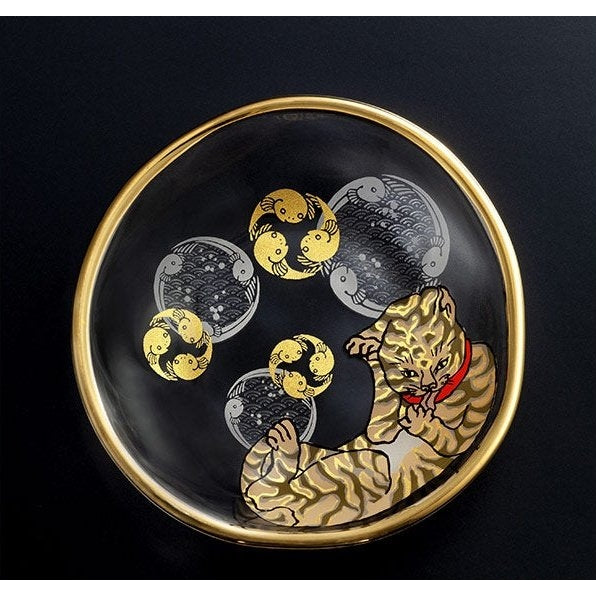 Aderia Edo Neko Series Sake Cup and Small Plate Set - Tiger Cat