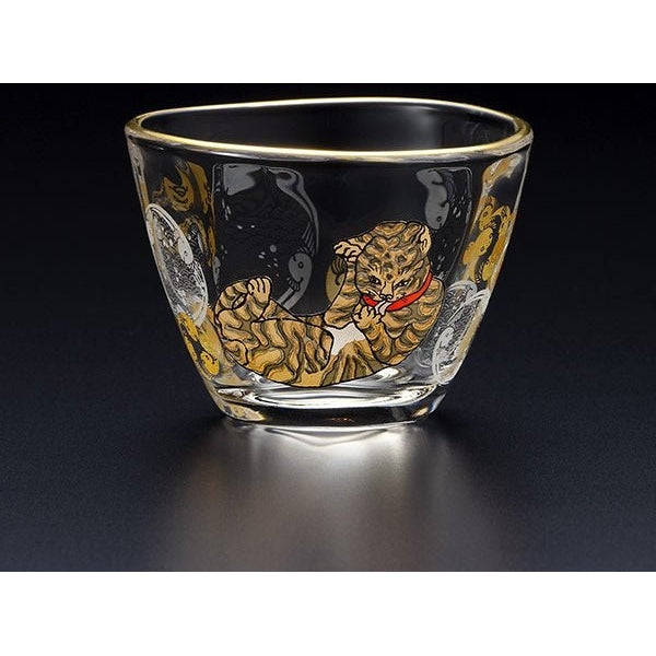 Aderia Edo Neko Series Sake Cup and Small Plate Set - Tiger Cat