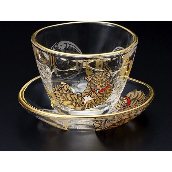 Aderia Edo Neko Series Sake Cup and Small Plate Set - Tiger Cat