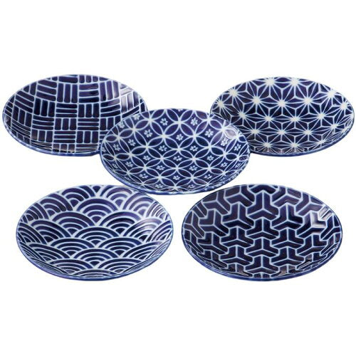 Aizome Edo Komon Round Small Plate 5P Set