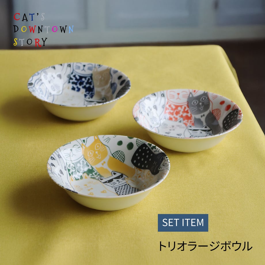 Awasaka Cats Downtown Story Large Bowl 3P Set