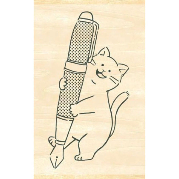 Beverly Ink no Aibou Wooden Stamp - Cat and Fountain Pen