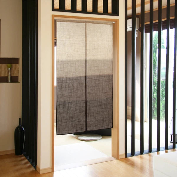 Brown slub weave noren curtain in wooden doorway