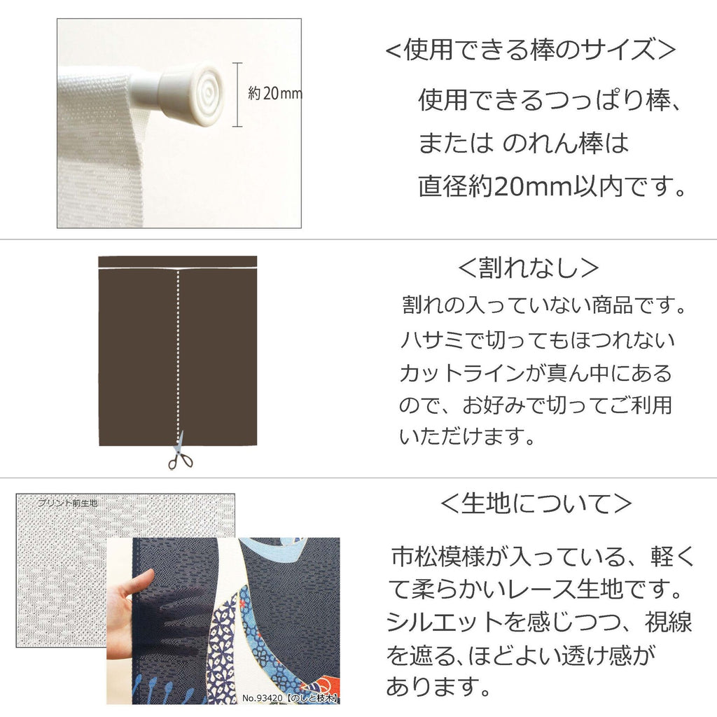 Noren installation guide showing rod size and split panel options