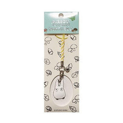 Ensky My Neighbor Totoro small metal phone strap with white oval charm and yellow cord in retail packaging
