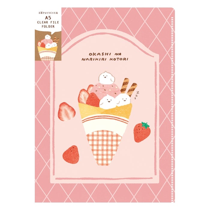Pink A5 clear file with bird in strawberry ice cream illustration