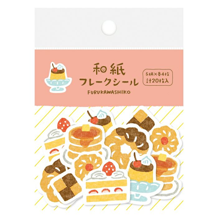 Furukawashiko snack-themed washi flake stickers with pancake, pudding, and donut designs