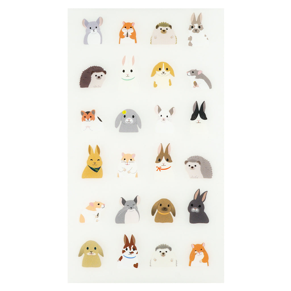 Close-up of twenty die-cut rabbit and rodent stickers in muted earth tones