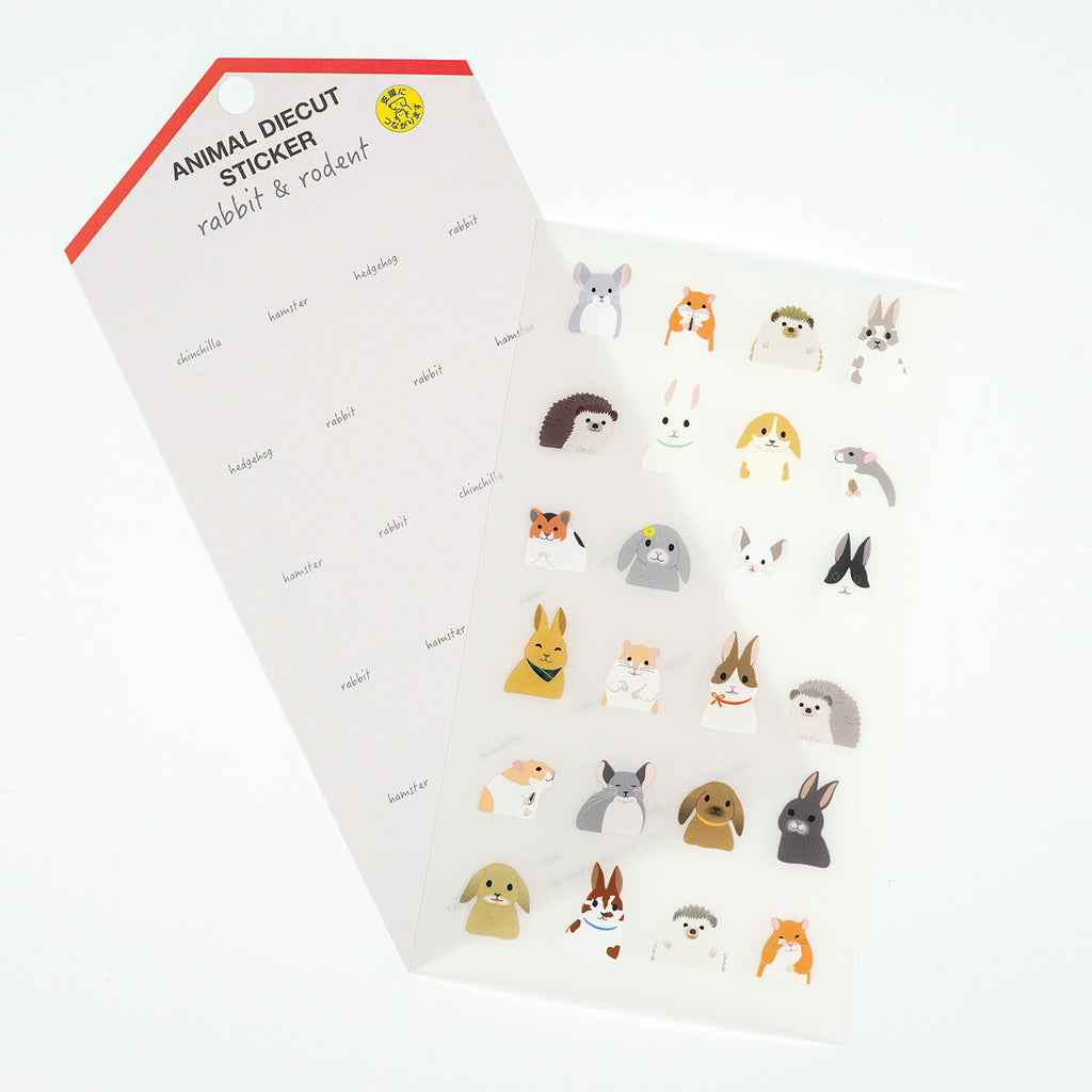 Die-cut animal stickers featuring rabbits, hamsters, hedgehogs, and chinchillas on white background