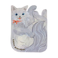 Grey cat-shaped greeting card with gold foil Happy Birthday text and bow