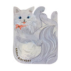 Grey cat-shaped greeting card with gold foil Happy Birthday text and bow