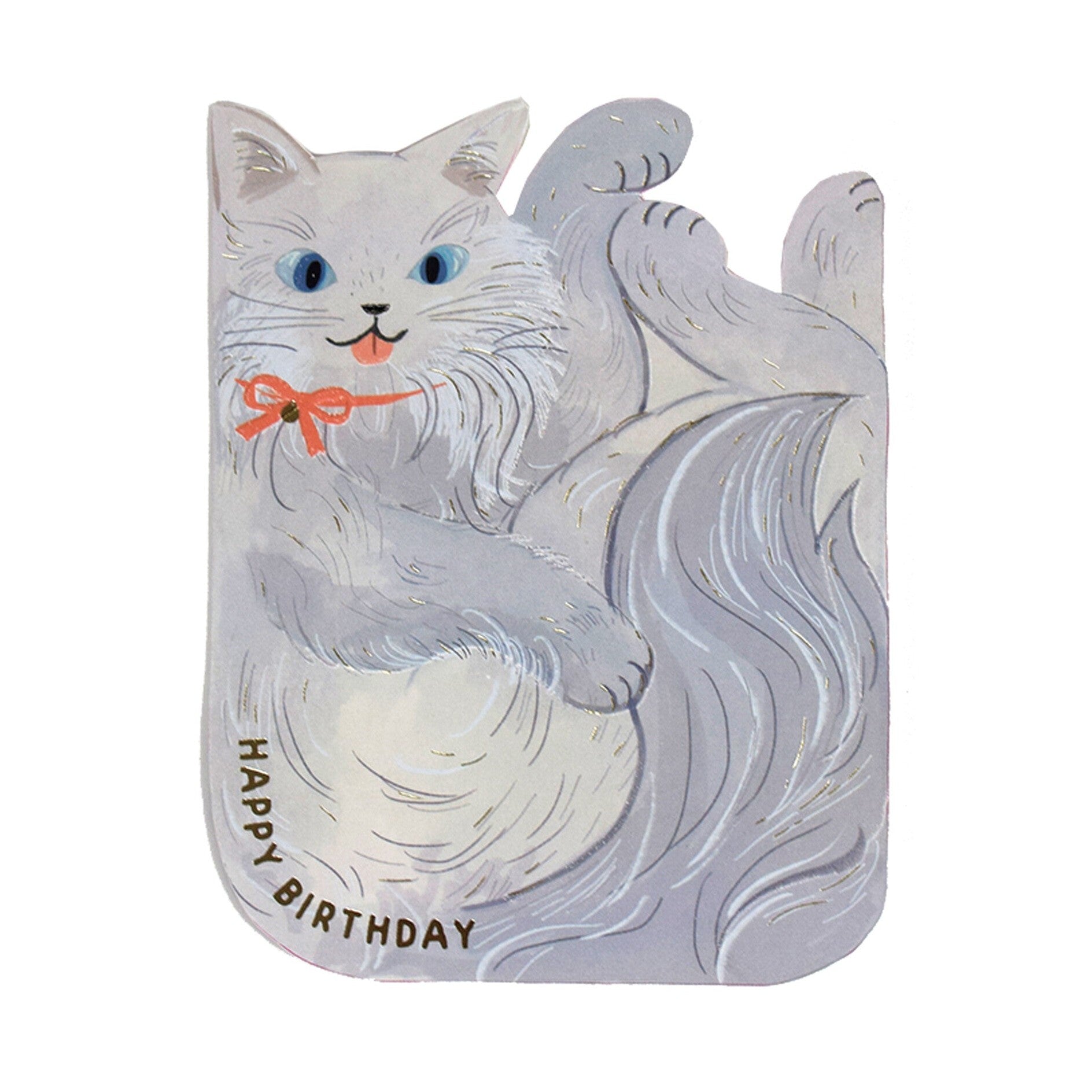 Grey cat-shaped greeting card with gold foil Happy Birthday text and bow