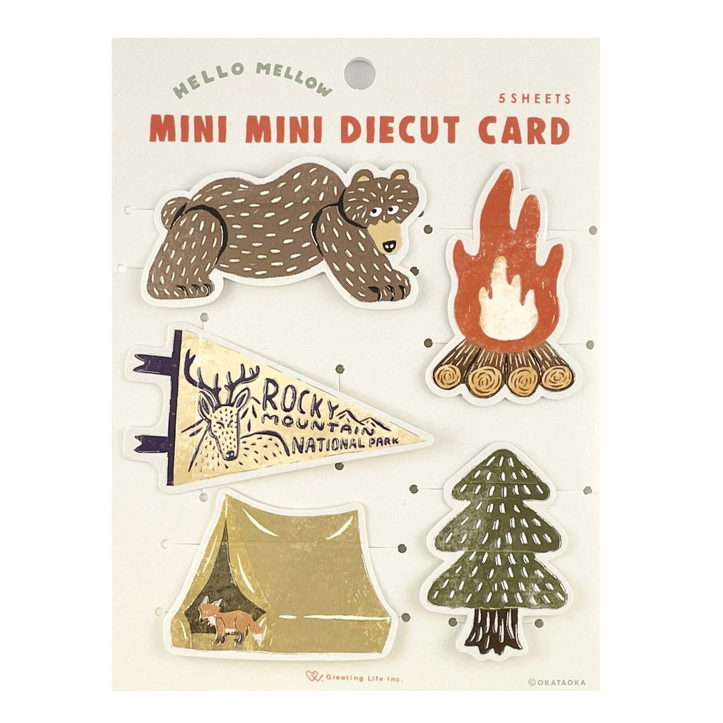 Okataoka camping die-cut greeting cards with bear, tent, and pine tree illustrations