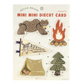Okataoka camping die-cut greeting cards with bear, tent, and pine tree illustrations