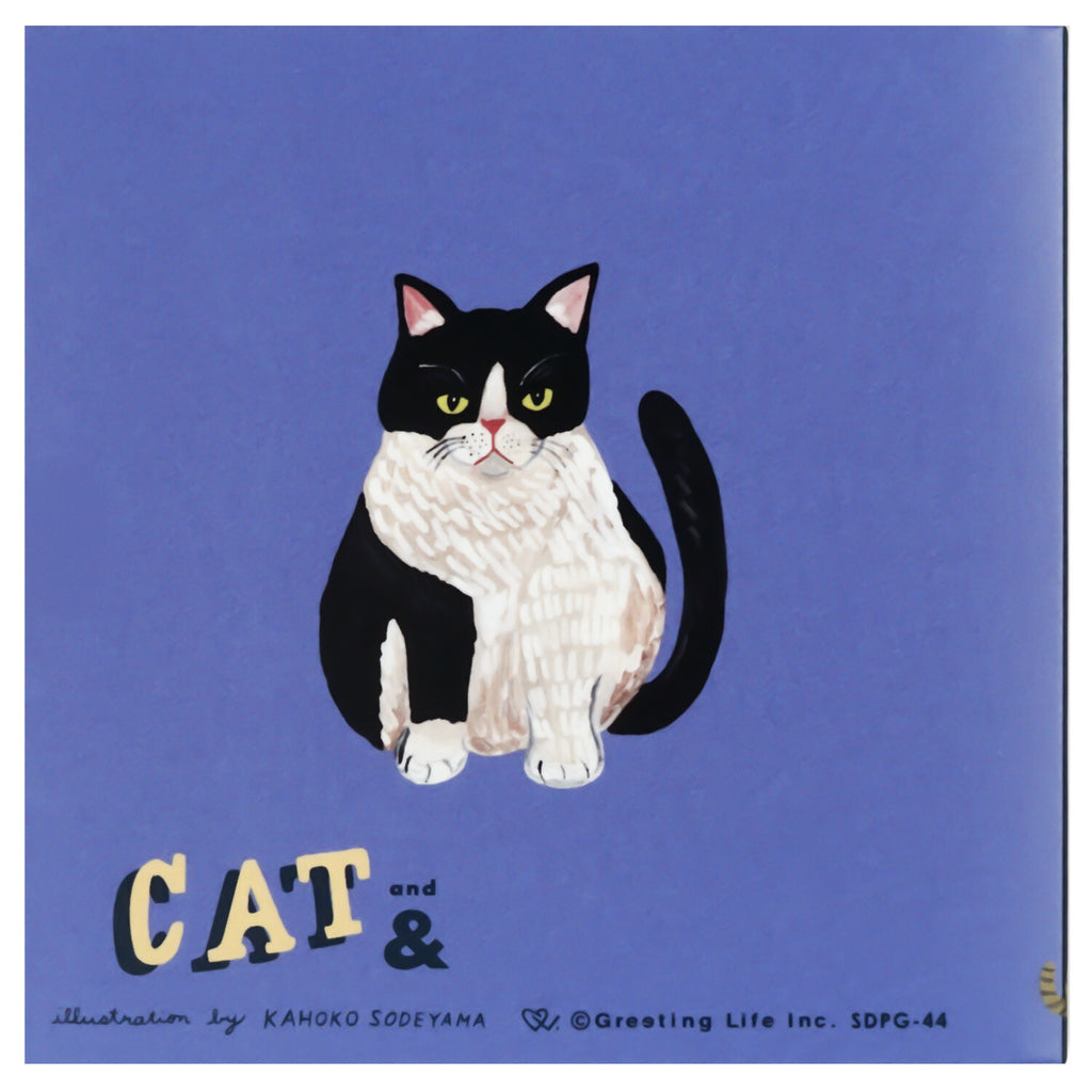 Blue cover of Sodeyama Kahoko cat sticky note book with tuxedo cat art