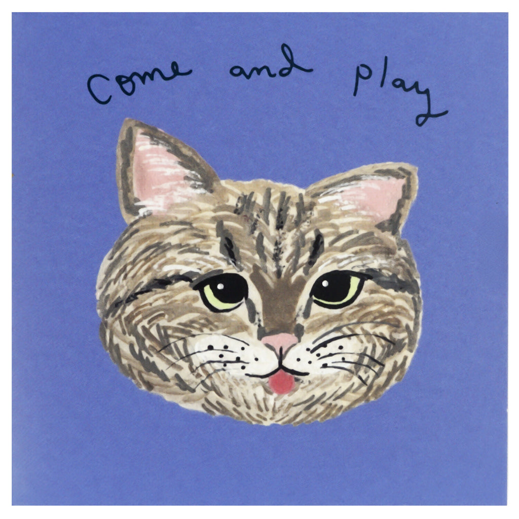 Close-up of brown tabby cat head die-cut sticky note with pink tongue