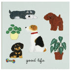 Sheet of five distinct dog character sticky notes with 'good life' cursive text