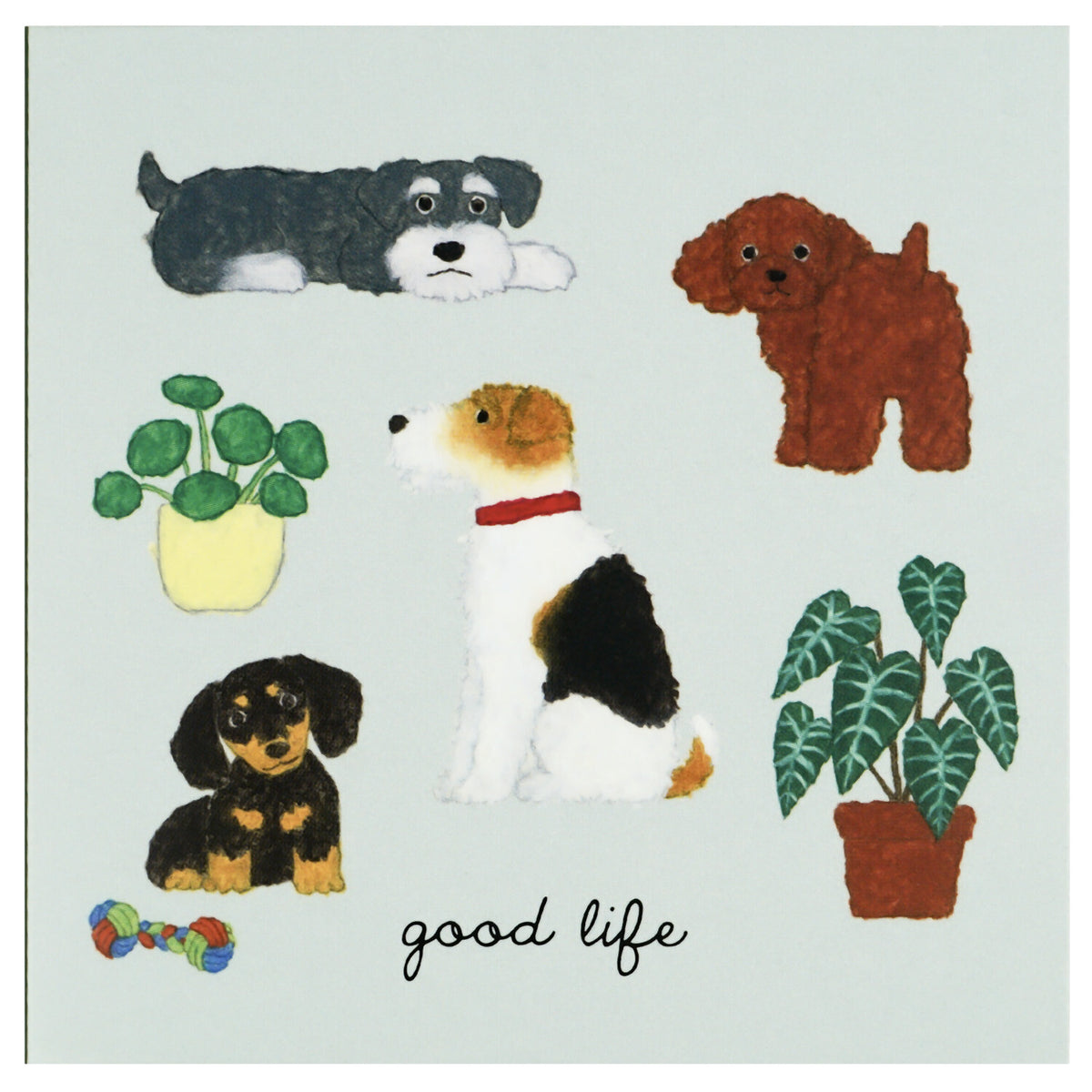 Sheet of five distinct dog character sticky notes with 'good life' cursive text