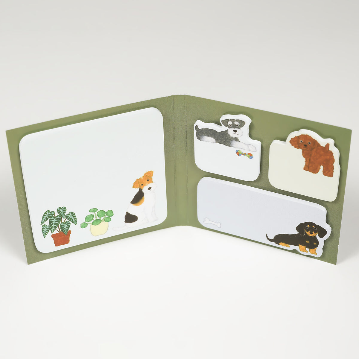 Olive green folding book sticky notes featuring wire-haired terrier and schnauzer illustrations