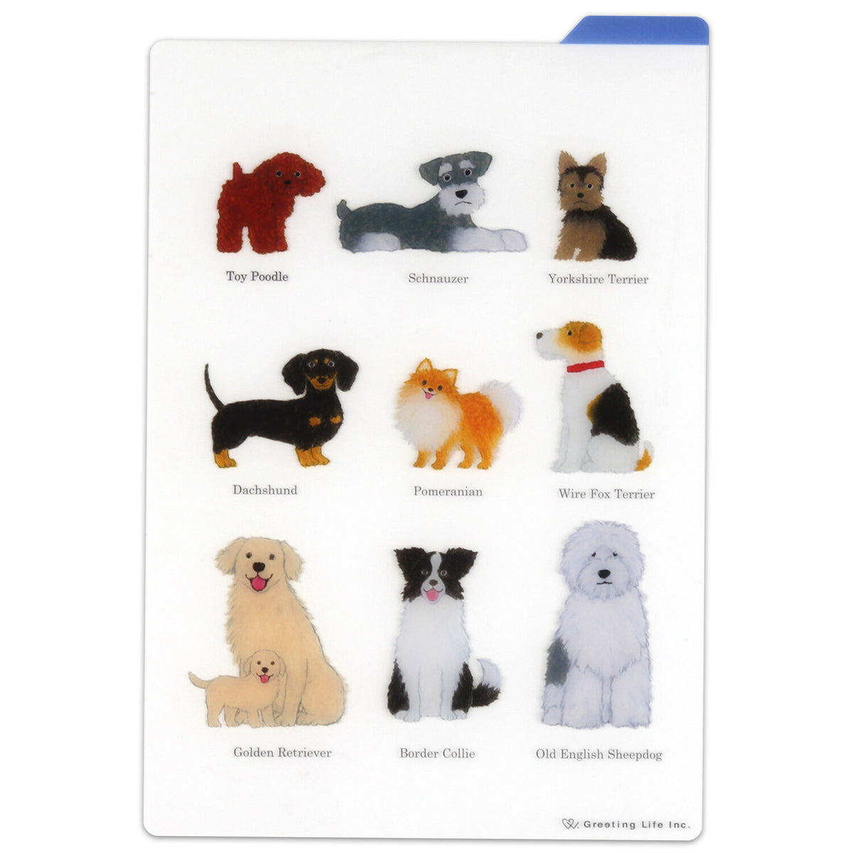 Yusuke Yonezu clear pencil board with nine dog breed illustrations and blue bookmark tab