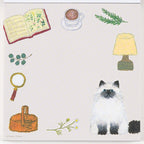 Square note pad border design with white cat, coffee cup, and plants by Yusuke Yonezu