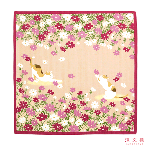 Hamamonyo Cosmos and Cat Furoshiki Wrapping Cloth 50cm