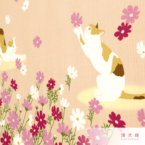 Hamamonyo Cosmos and Cat Furoshiki Wrapping Cloth 50cm