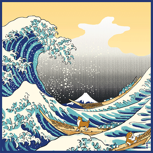 Hamamonyo Hokusai Mameshiba & Great Wave Furoshiki Wrapping Cloth 50cm
