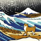 Hamamonyo Hokusai Mameshiba & Great Wave Furoshiki Wrapping Cloth 50cm