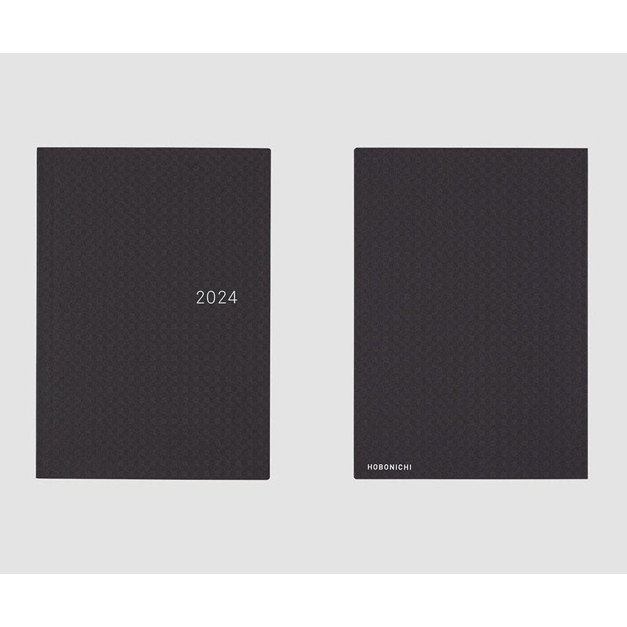 Side-by-side comparison of black gingham 2024 diary with and without HOBONICHI branding