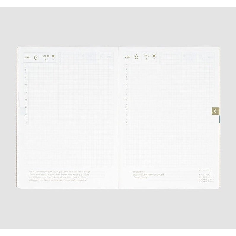 June weekly spread in A5 Hobonichi Techo 2024 with time slots, calendar grid, and green date marker