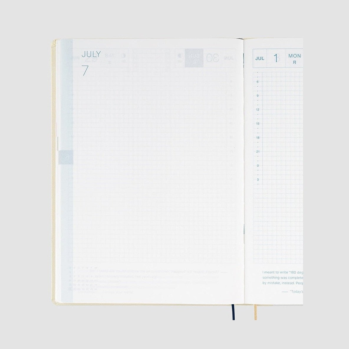 Hobonichi Techo 2024 July spread showing dual language daily layout and blue grid lines