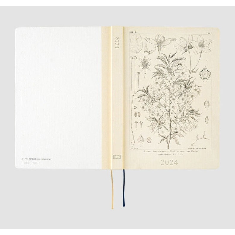 Hobonichi Techo 2024 inside cover featuring botanical diagram and vertical spine year