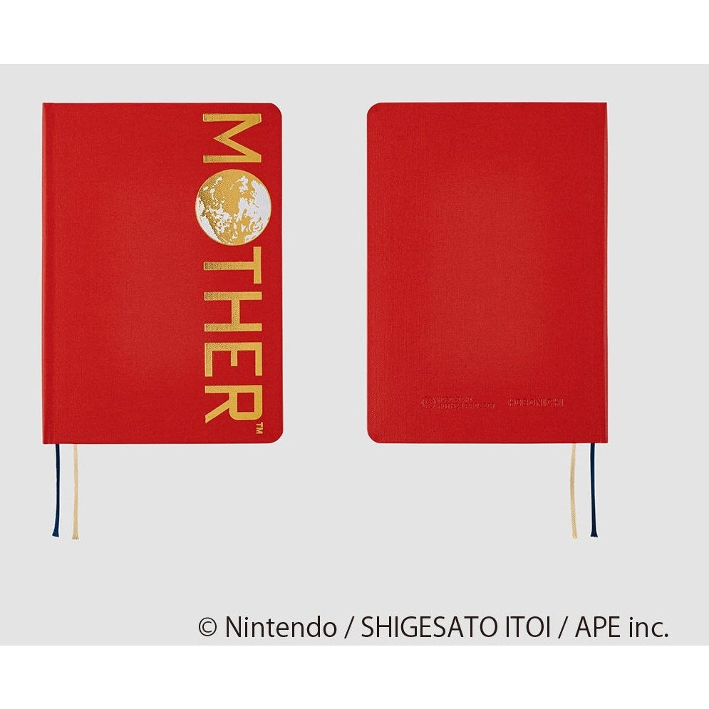 Front and back view of red A6 Hobonichi MOTHER planner with textured fabric finish