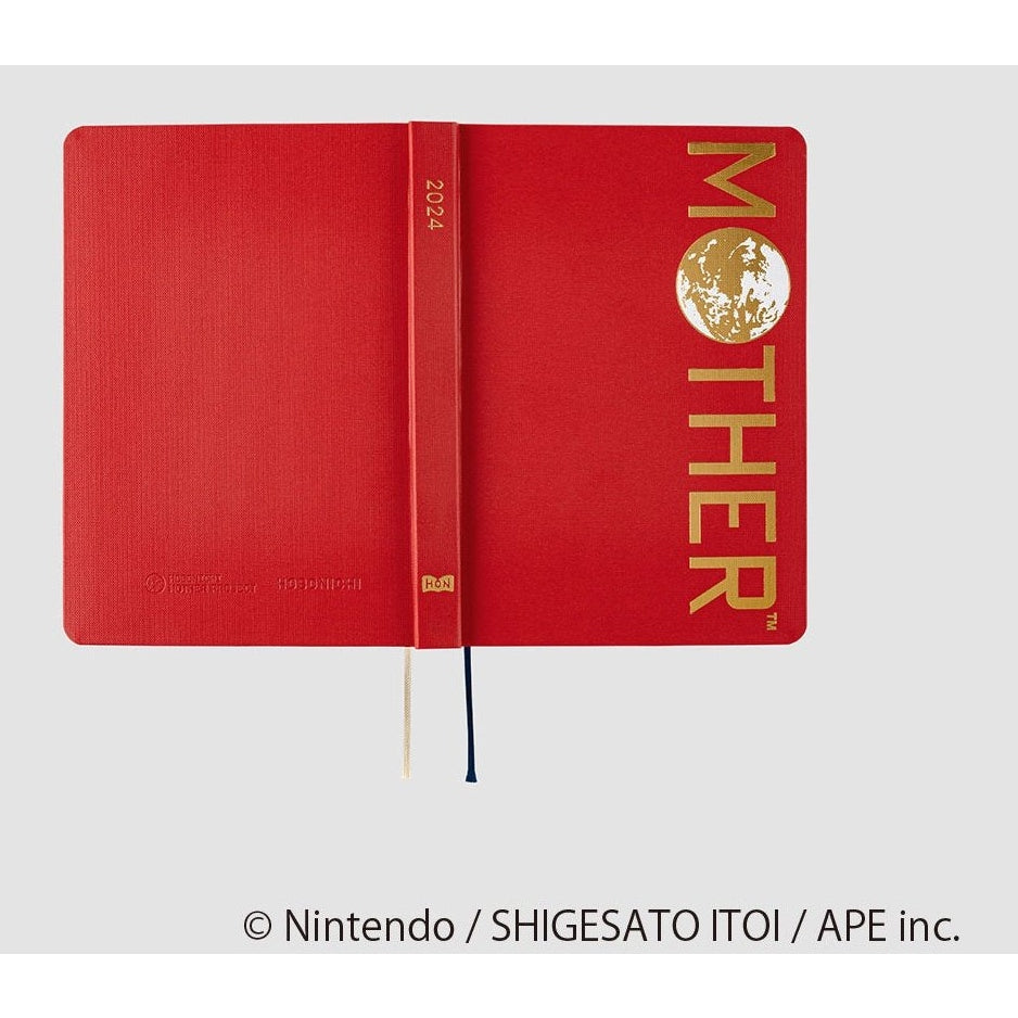 Hobonichi Techo 2024 A6 EarthBound planner with red fabric cover and gold MOTHER logo