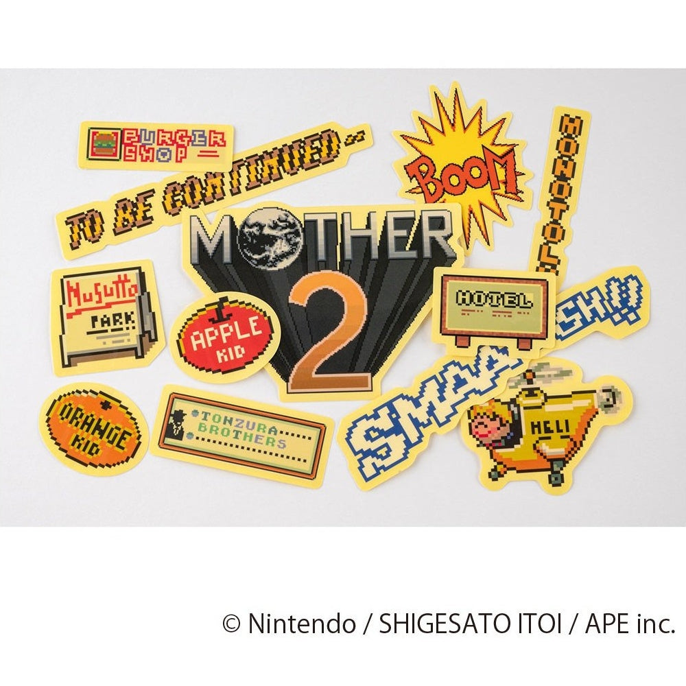 Retro pixel art stickers set from MOTHER game including Burger Shop and Hotel