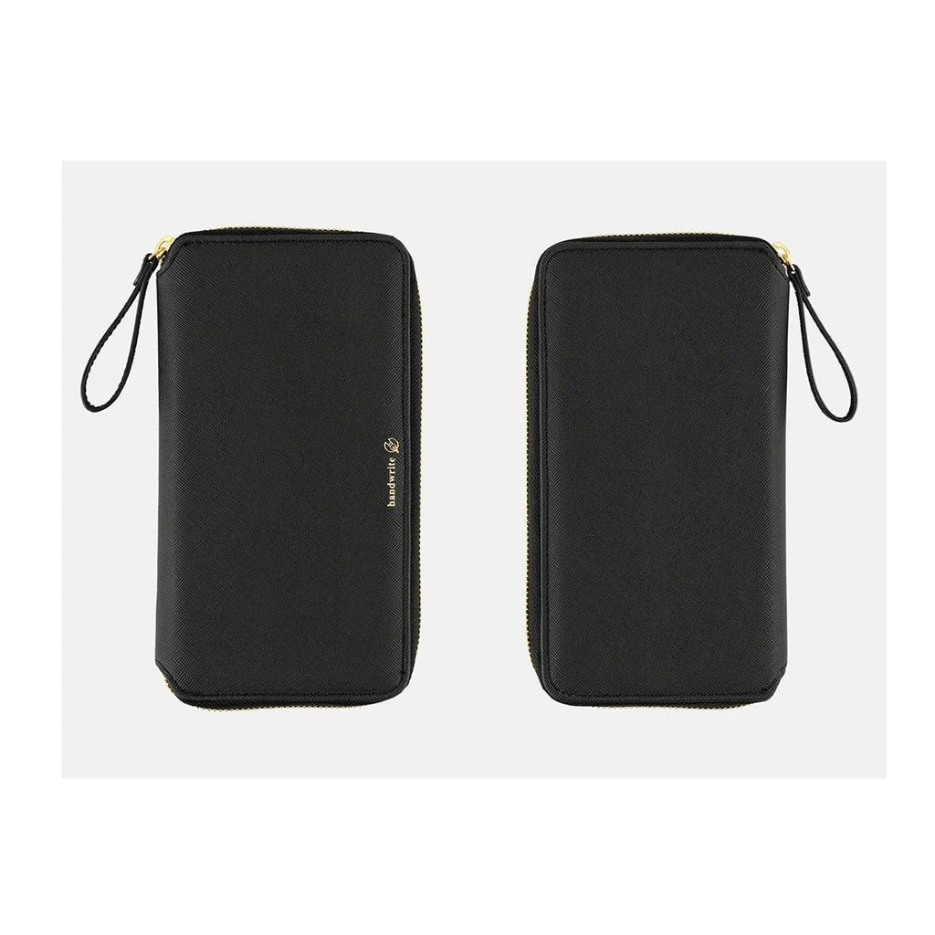 Front and back view of black Hobonichi Techo Weeks Notte cover with straps