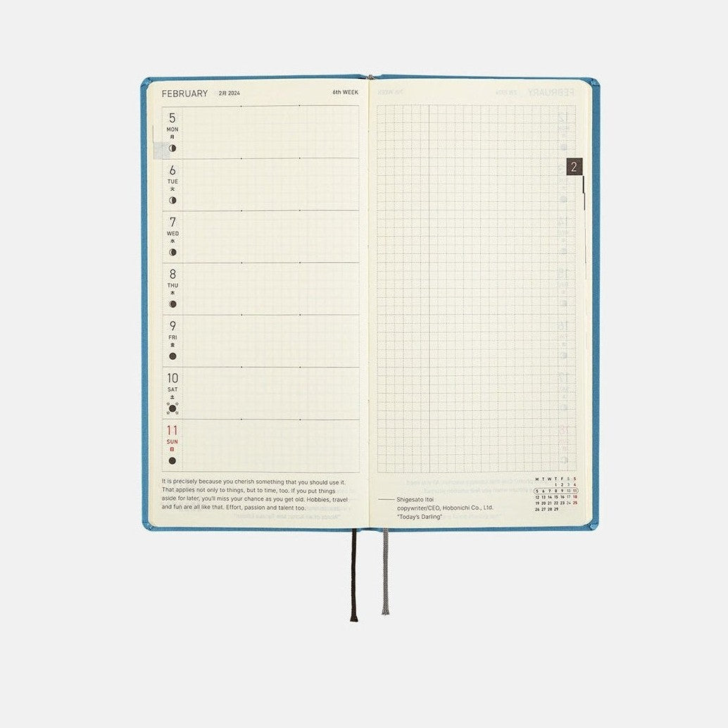 February 2024 weekly layout in Hobonichi Techo 2024 Weeks Celeste Blue with elastic band