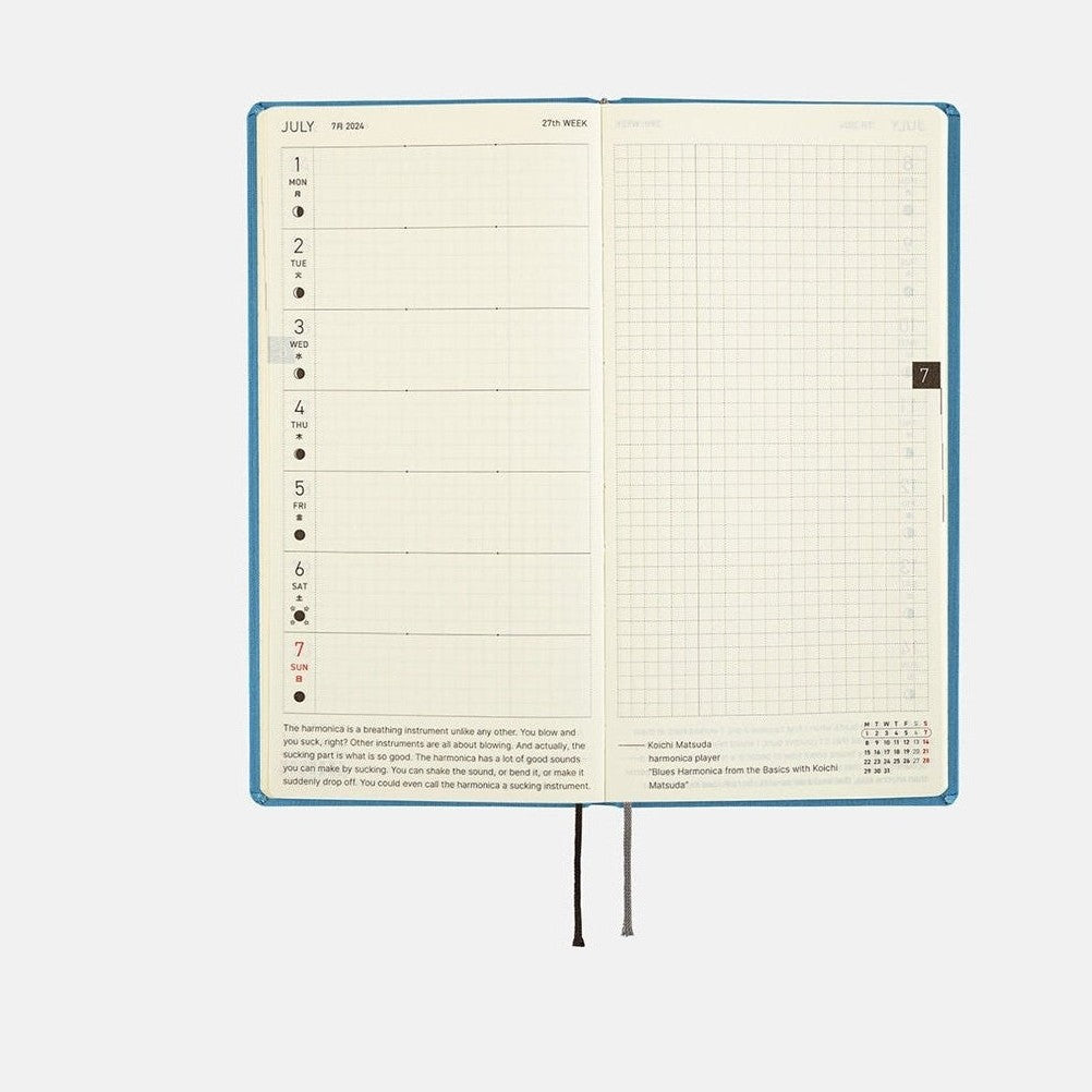 July 2024 weekly spread in Hobonichi Techo 2024 Weeks Celeste Blue with grid layout