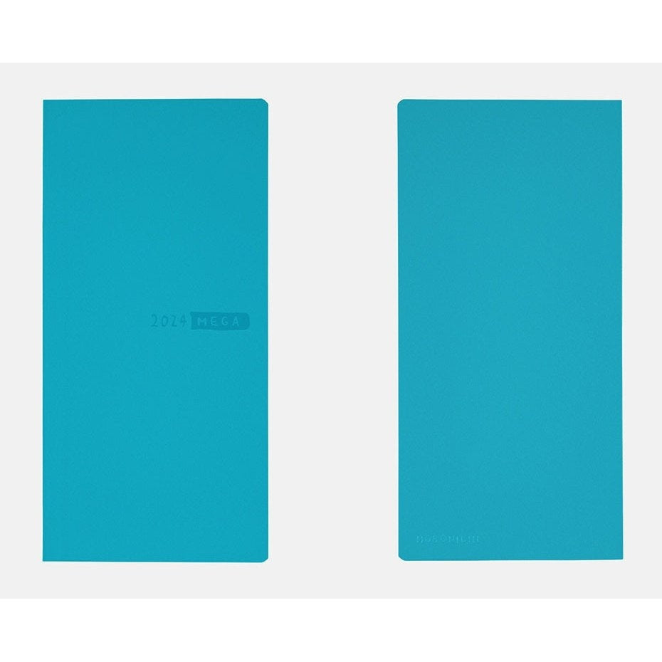 Two upright Hobonichi Techo 2024 diaries with matte aqua blue softcovers