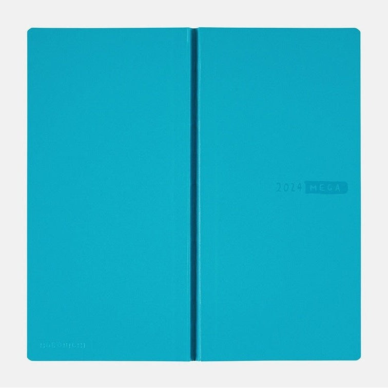 Open Hobonichi Techo 2024 MEGA diary showing aqua covers and spine detail
